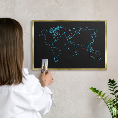 Metalen magneetbord met lijst in het goud Wereldkaart