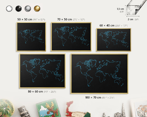 Metalen magneetbord met lijst in het goud Wereldkaart