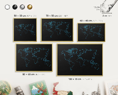 Metalen magneetbord met lijst in het goud Wereldkaart