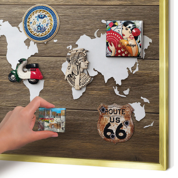 Magnetisch bord voor reismagneten met gouden lijst Houten kaart
