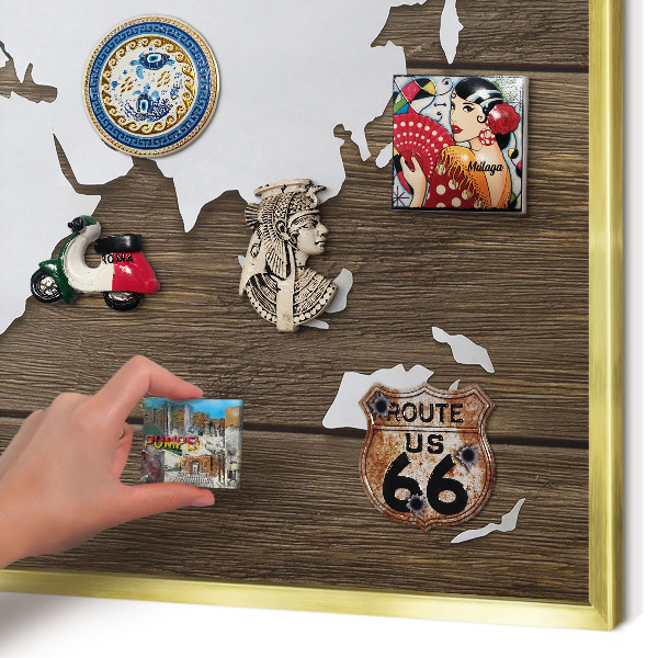 Magnetisch bord voor reismagneten met gouden lijst Houten kaart