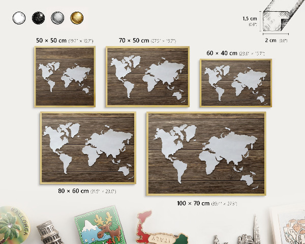 Magnetisch bord voor reismagneten met gouden lijst Houten kaart