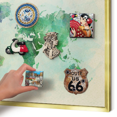 Metalen magneetbord met lijst in het goud Wereldkaart