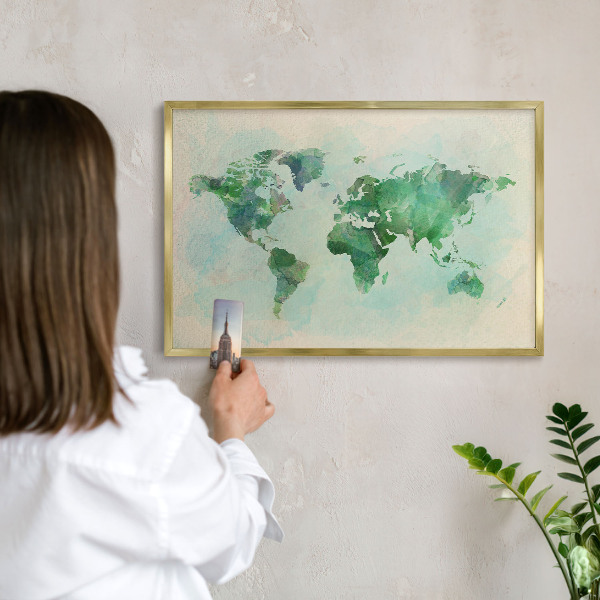Metalen magneetbord met lijst in het goud Wereldkaart