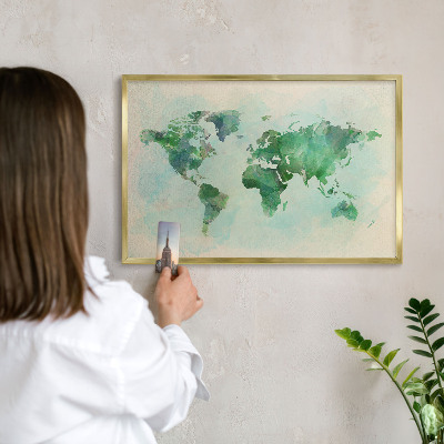 Metalen magneetbord met lijst in het goud Wereldkaart