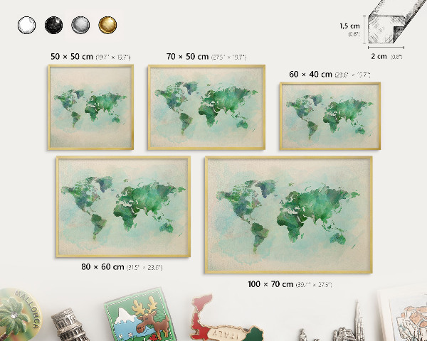 Metalen magneetbord met lijst in het goud Wereldkaart