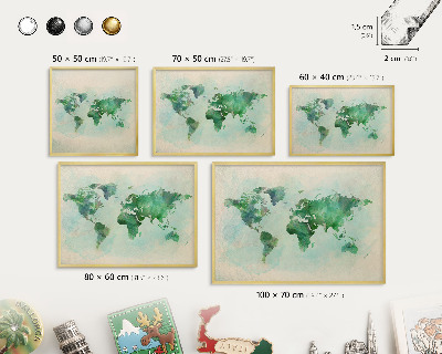 Metalen magneetbord met lijst in het goud Wereldkaart