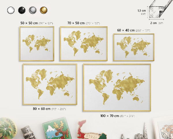 Metalen magneetbord met lijst in het goud Wereldkaart
