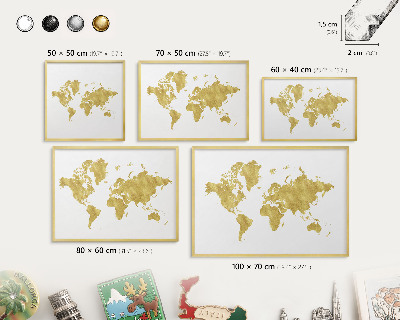 Metalen magneetbord met lijst in het goud Wereldkaart