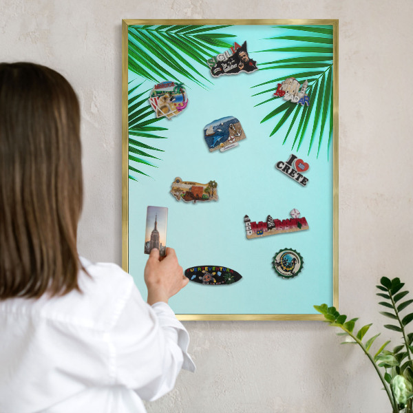Metalen magneetbord met lijst in het goud Groene bladeren