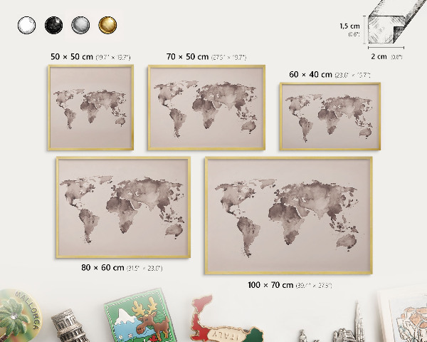 Metalen magneetbord met lijst in het goud Wereldkaart