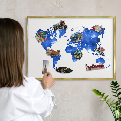 Metalen magneetbord met lijst in het goud Wereldkaart
