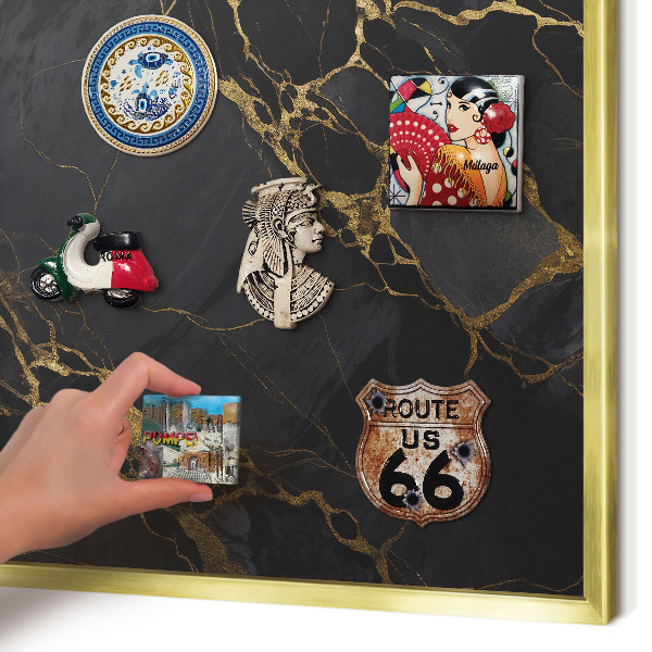 Magnetisch bord voor reismagneten met gouden lijst Zwart marmer