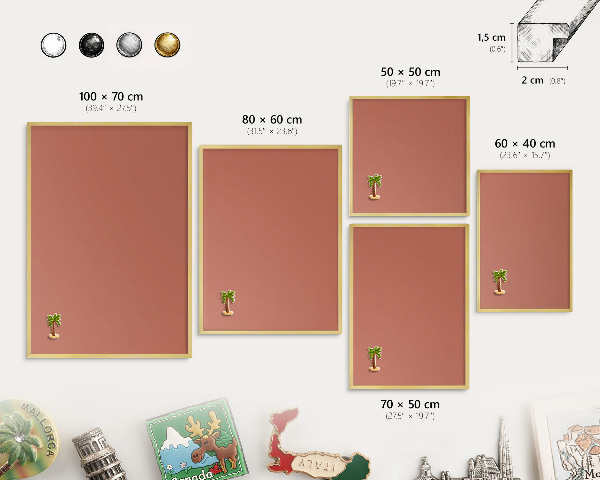 Metalen magneetbord met lijst in het goud Baksteenkleur