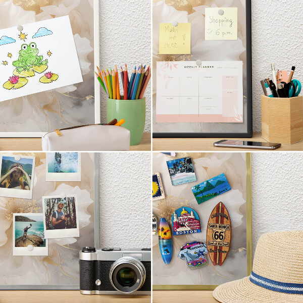 Metalen magneetbord met lijst in het goud Pastelkleurige bloemen