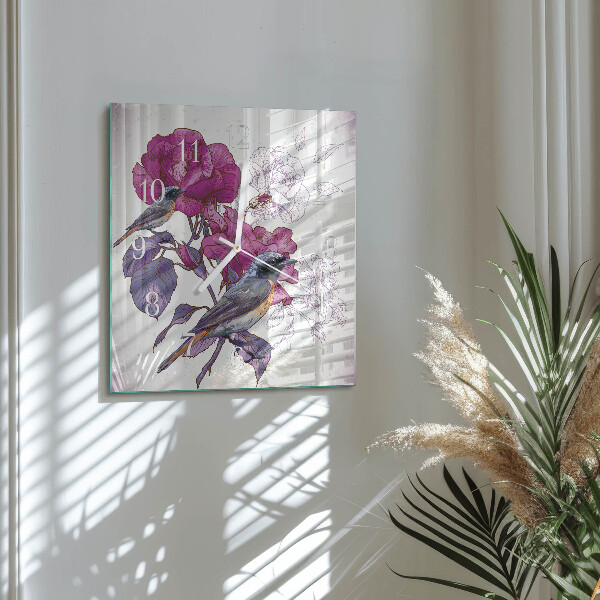 Vierkante glazen klok Vogels Bloemen