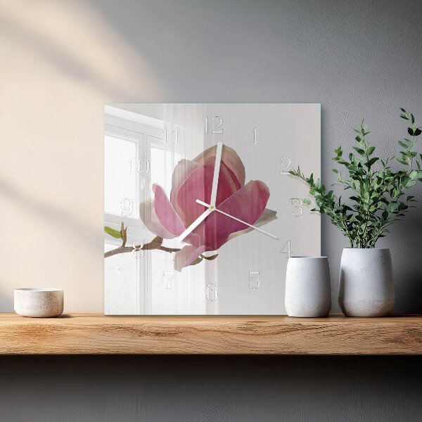 Vierkante glazen klok Magnolia bloem