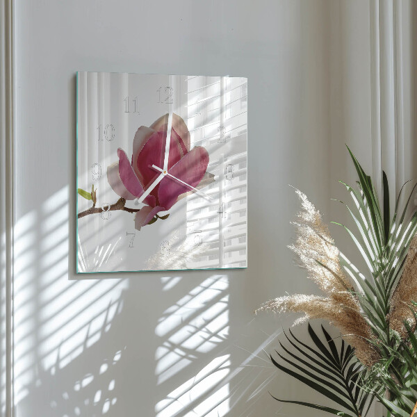 Vierkante glazen klok Magnolia bloem