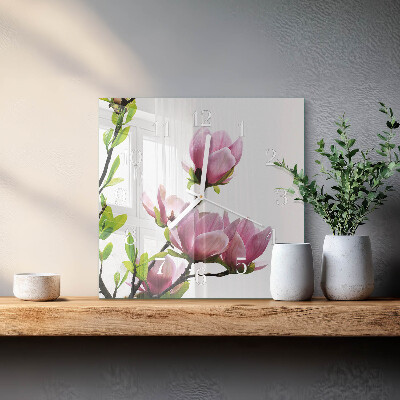 Vierkante glazen klok Magnolia bloem