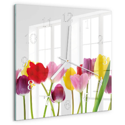 Vierkante glazen klok Kleurrijke tulpen