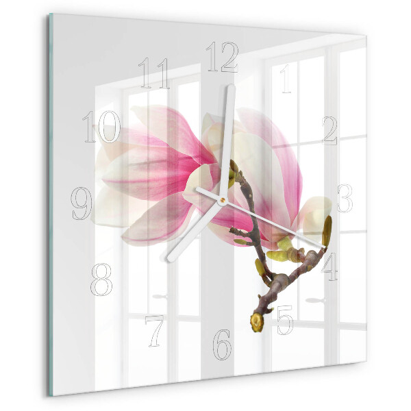 Vierkante glazen klok Magnolia bloem