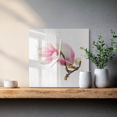 Vierkante glazen klok Magnolia bloem