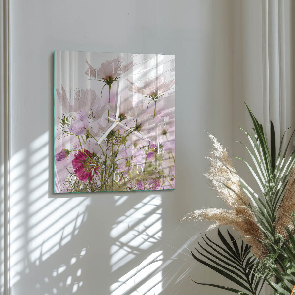 Vierkante glazen klok Cosmosbloemen