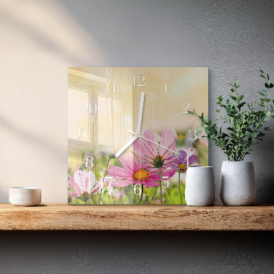 Vierkante glazen klok Cosmosbloemen