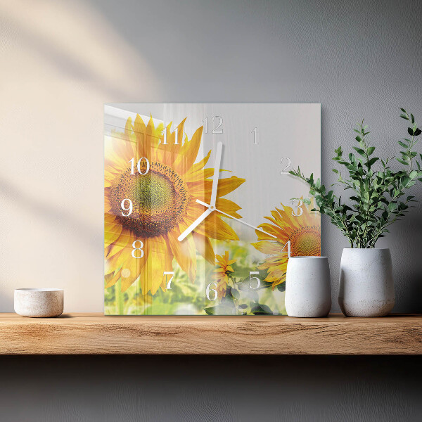 Vierkante glazen klok Zonnebloem