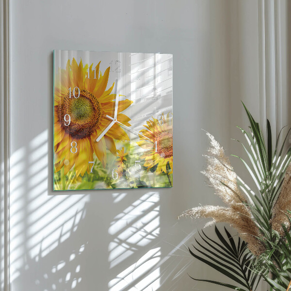 Vierkante glazen klok Zonnebloem