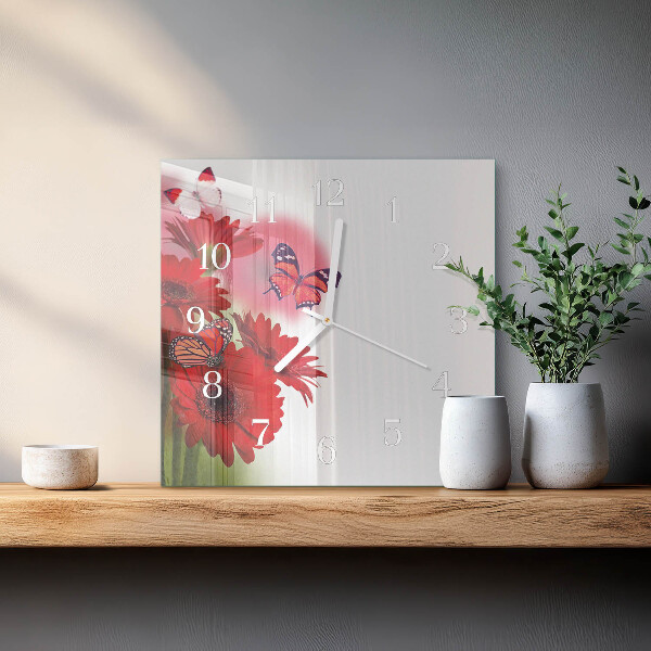 Vierkante glazen klok Gerbera