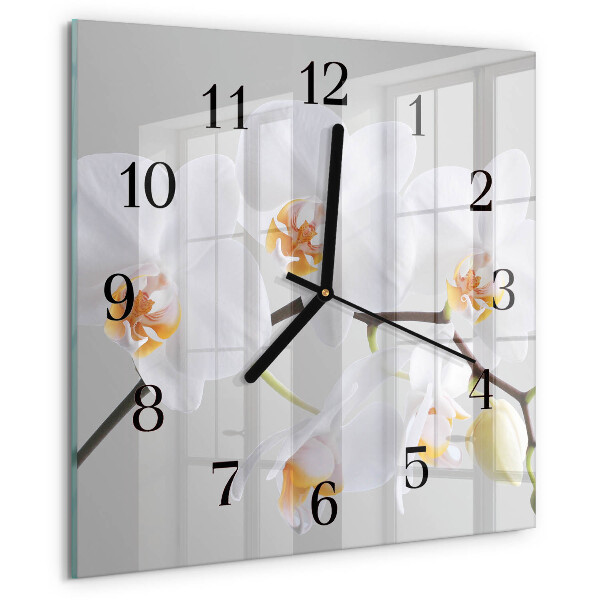 Vierkante glazen wandklok Orchidee