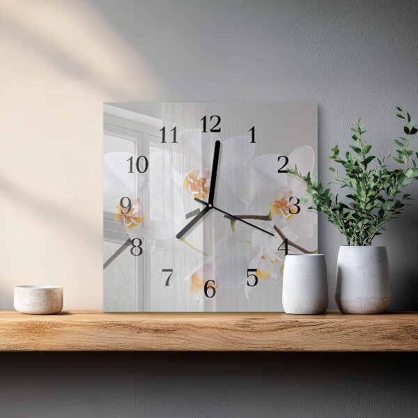 Vierkante glazen wandklok Orchidee