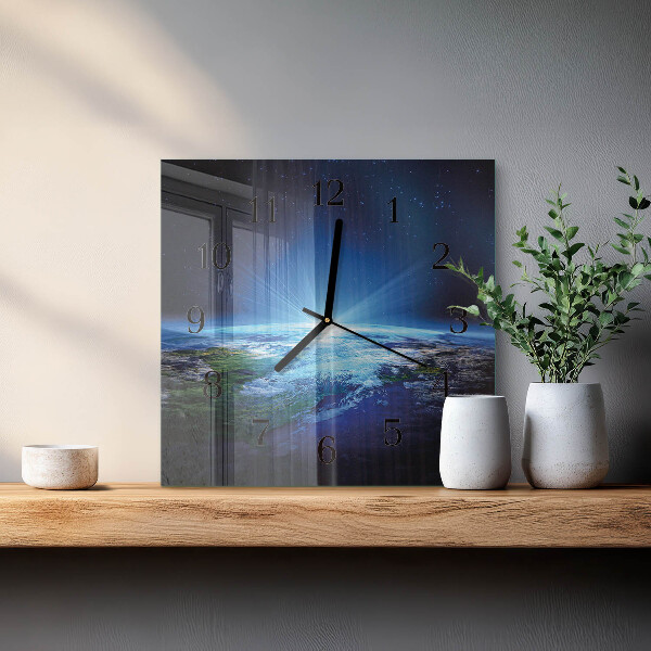 Vierkante glazen wandklok Het universum van de aarde