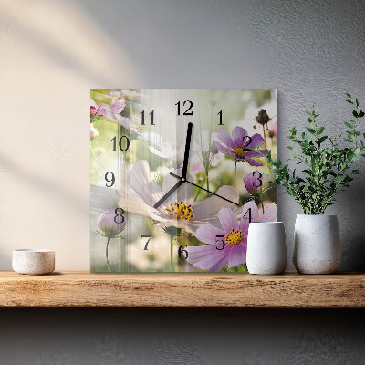 Vierkante glazen wandklok Cosmosbloemen