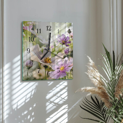 Vierkante glazen wandklok Cosmosbloemen