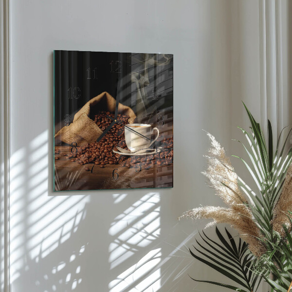 Vierkante glazen wandklok Koffiebonen