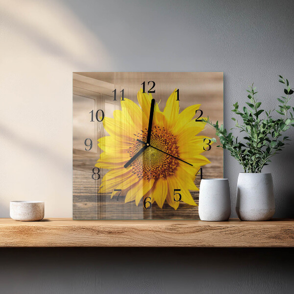 Vierkante glazen wandklok Zonnebloem