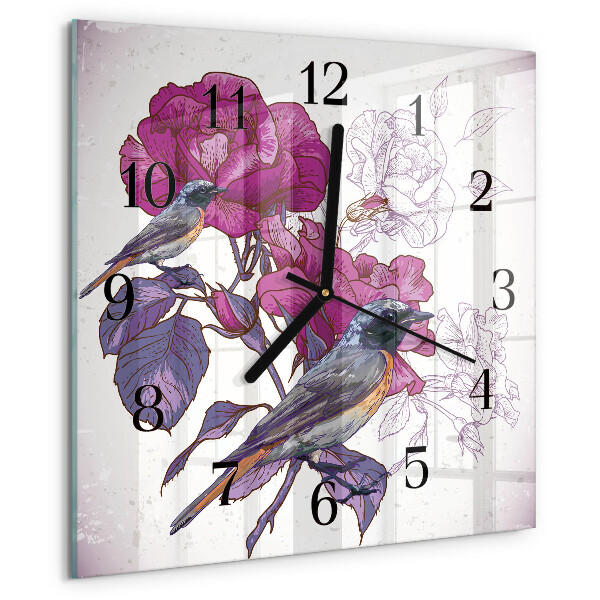 Vierkante glazen wandklok Vogels Bloemen