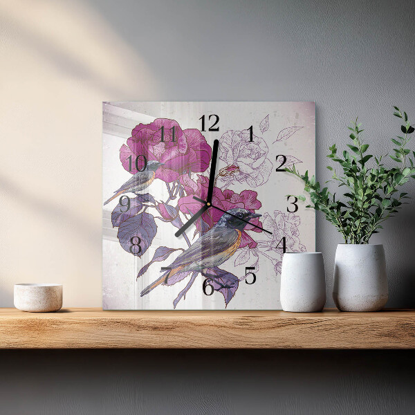Vierkante glazen wandklok Vogels Bloemen