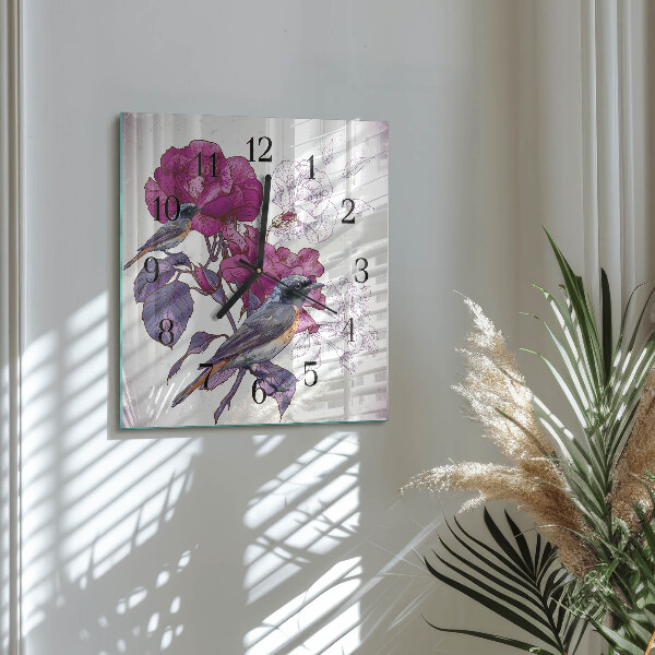 Vierkante glazen wandklok Vogels Bloemen