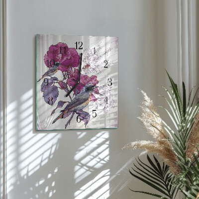 Vierkante glazen wandklok Vogels Bloemen
