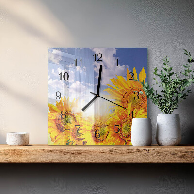 Vierkante glazen wandklok Zonnebloemen