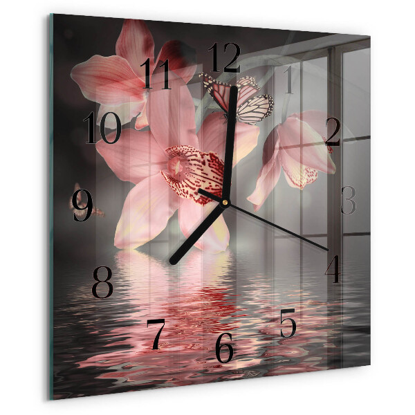 Vierkante glazen wandklok Orchidee