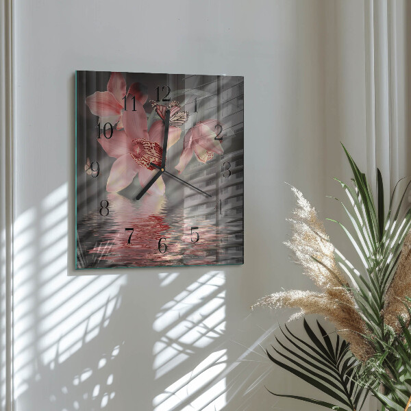 Vierkante glazen wandklok Orchidee