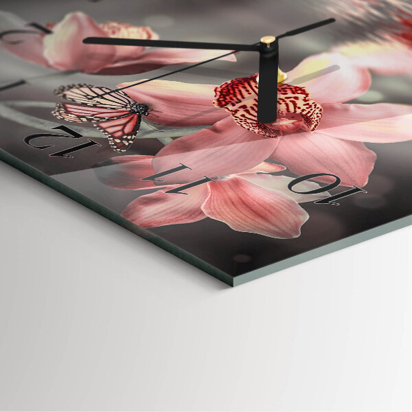 Vierkante glazen wandklok Orchidee