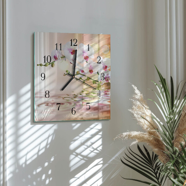 Vierkante glazen wandklok Orchidee