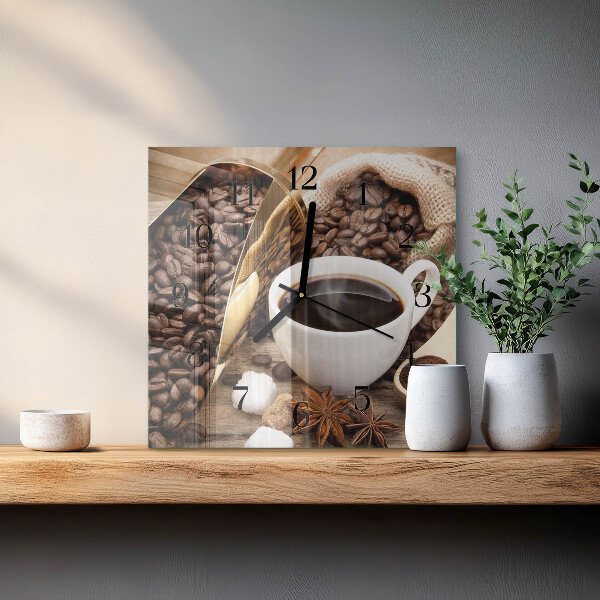 Vierkante glazen wandklok Koffie