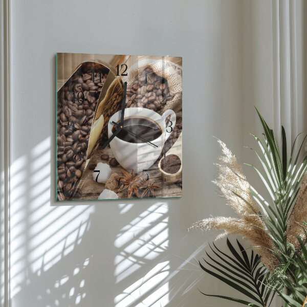 Vierkante glazen wandklok Koffie