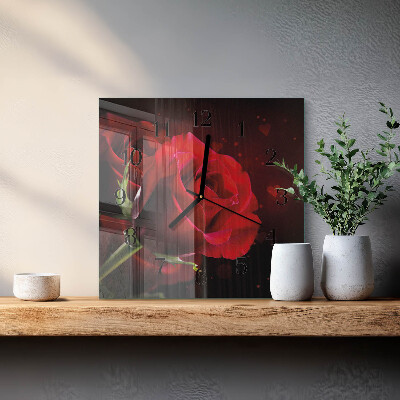 Vierkante glazen wandklok Rozen